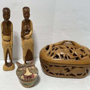 Vintage Wood Wooden Tribal African Figures and Hand Carved Trinket Boxes